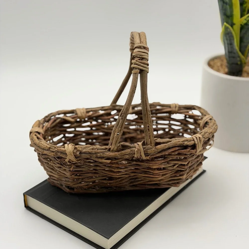 Vintage Rustic Hand-Woven Grapevine Twig Basket with Handle Farmhouse Decor